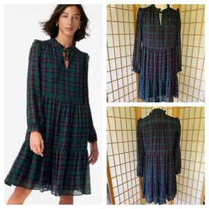 J Crew Black Watch Tartan Tiered Ruffle Long Sleeve Dress SZ S
